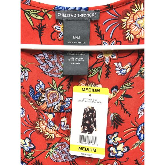 Chelsea & Theodore Crossover Woven Top Long Sleeve Red Floral V Neck Size M NWT - Picture 3 of 6